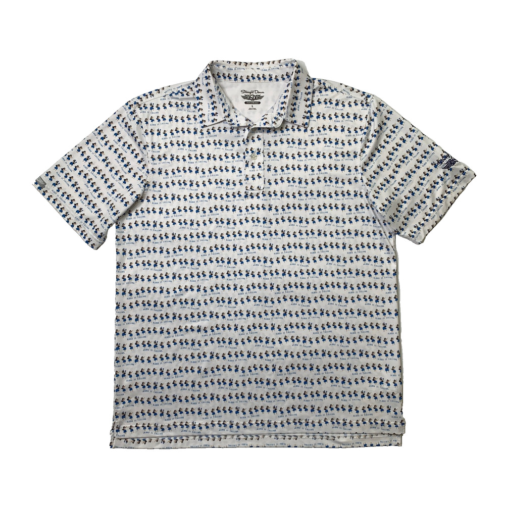 Straight Down Polo Shirt Mens L Large White Navy Hula Girl Aloha is Calling Golf